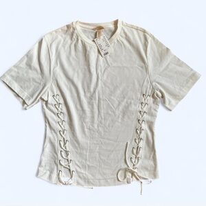 Cream White Fitted Tie Front Short Sleeve Cotton Tee